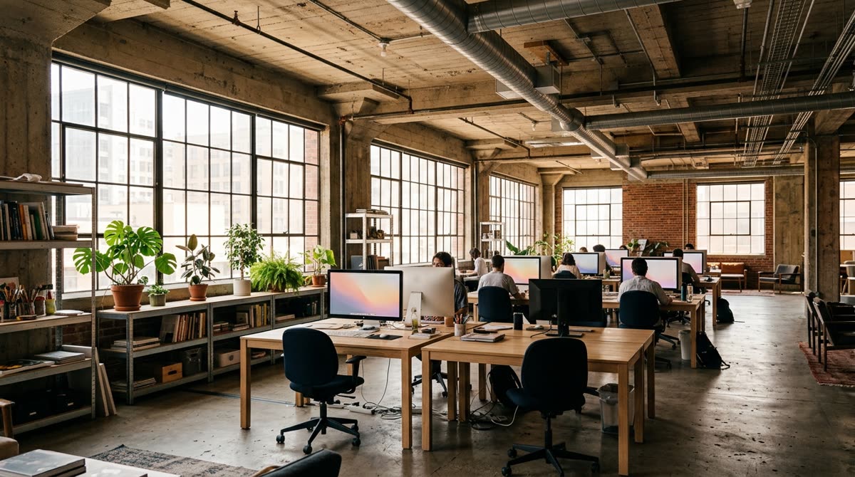 Open-plan creative studio with wooden desks, plants and tall windows in morning light.