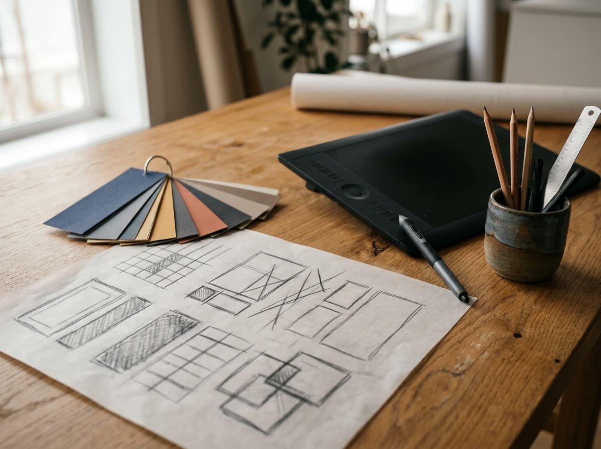 Desk close-up with pencil layout sketches, paper color swatches and a stylus on a tablet.