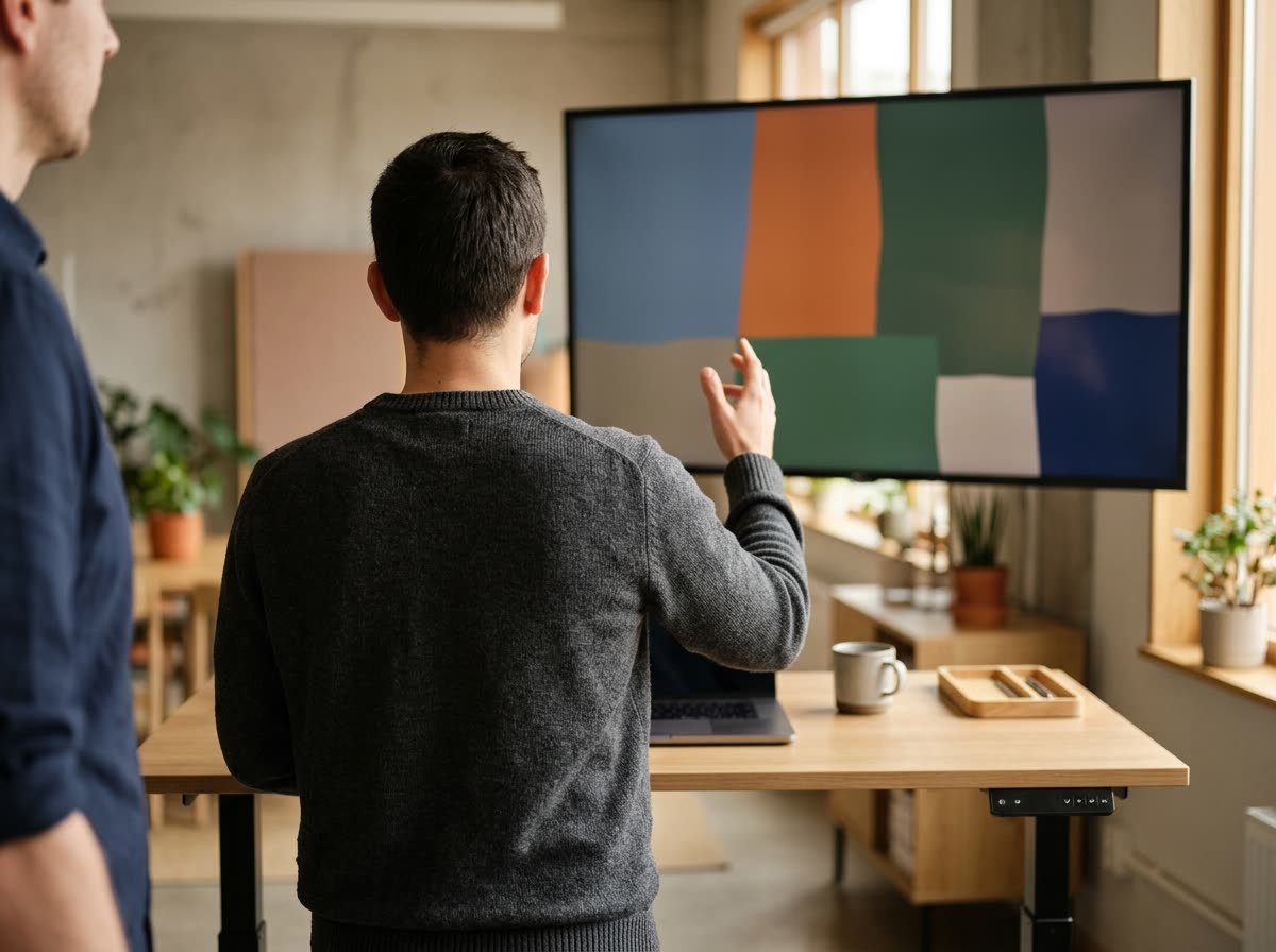 Person seen from behind gesturing toward a wall display of abstract color blocks.