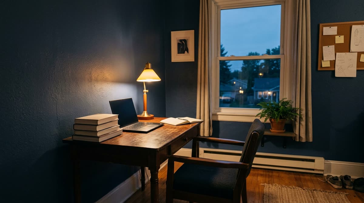 A small home study at dusk with a closed laptop, books and an empty chair.