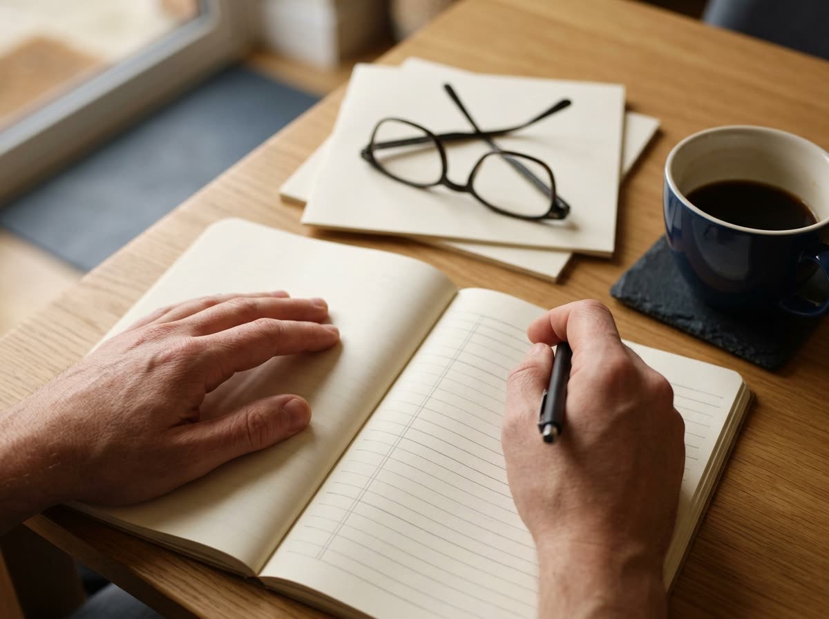 Hands over an open notebook of pencil-drawn columns beside glasses and a coffee cup.