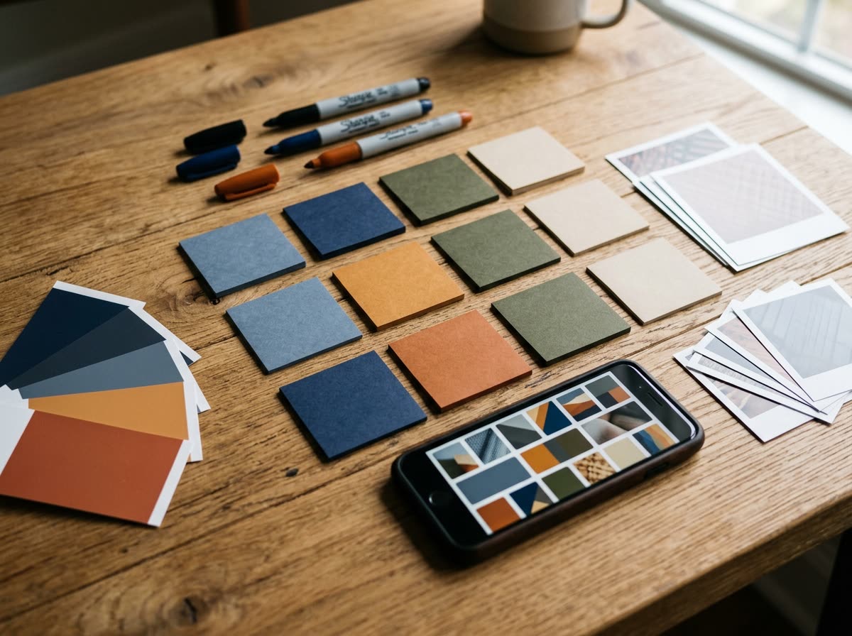 Overhead view of blank sticky notes, markers and swatch cards on a planning table.