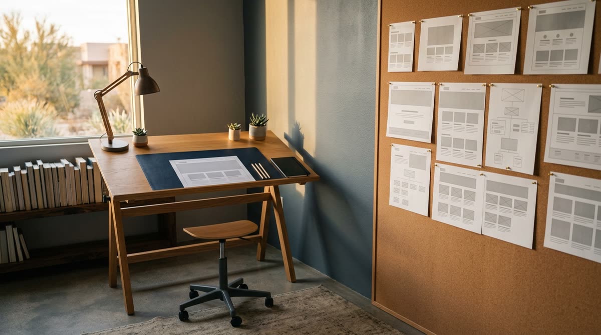 Corner design studio with a drafting table and a cork wall of blank layout printouts.