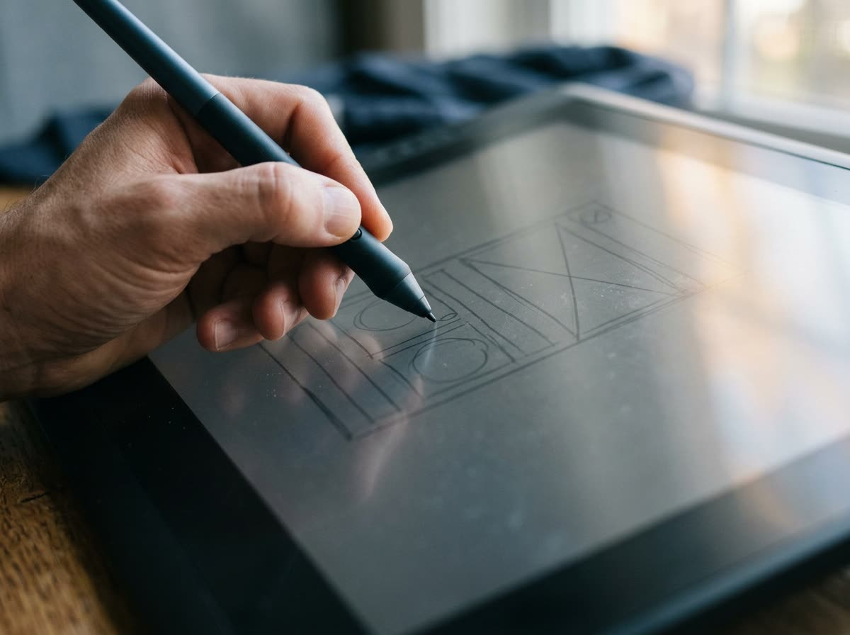Macro shot of a stylus drawing grey wireframe boxes on a drawing tablet screen.