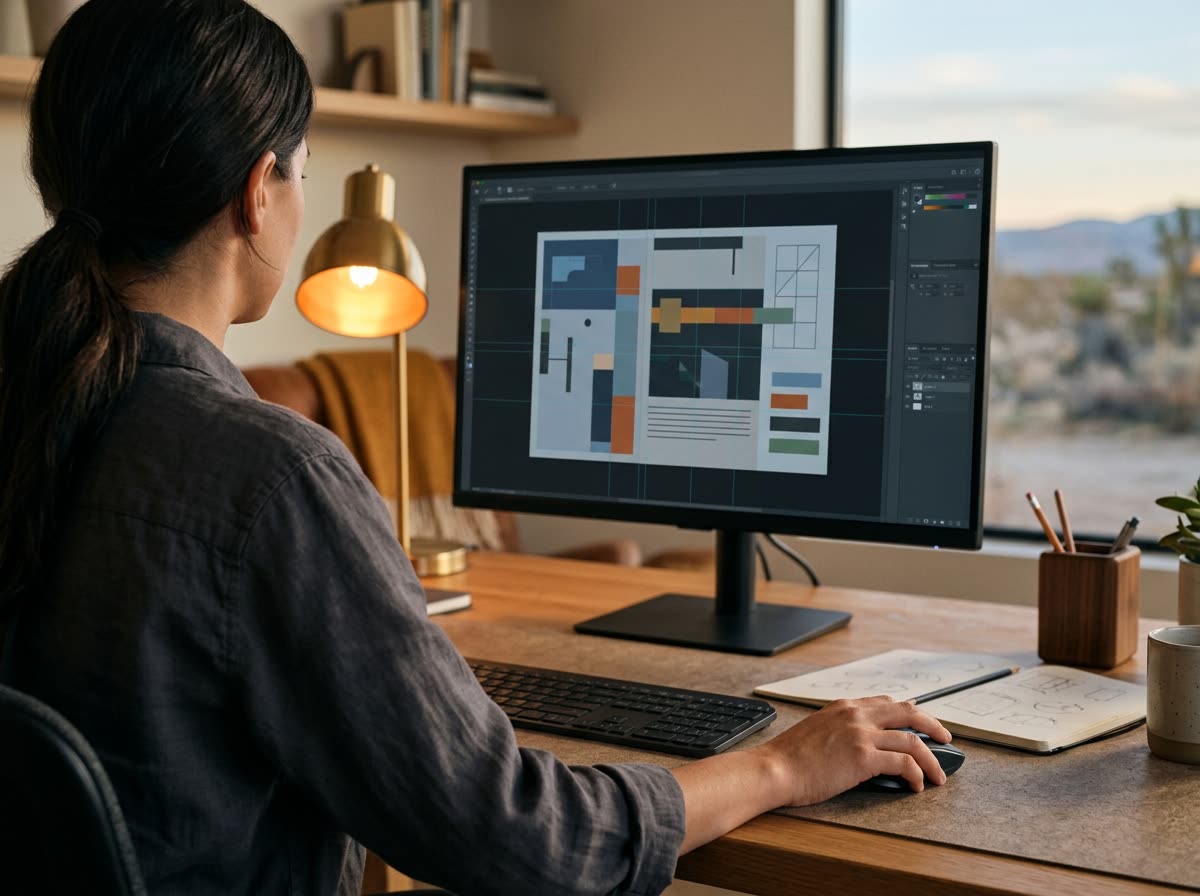 Over-the-shoulder view of a designer arranging abstract blocks on a large monitor.