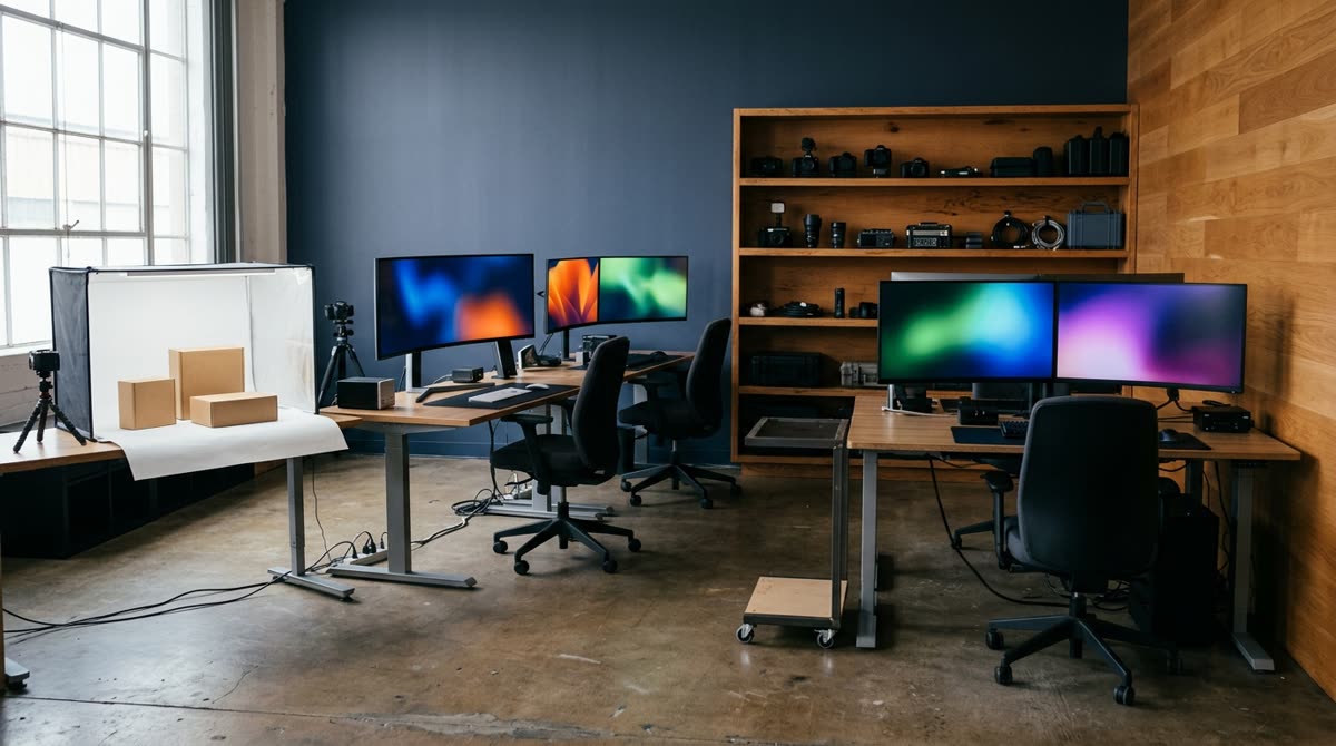Studio floor with three workstations and a small lightbox photography corner.
