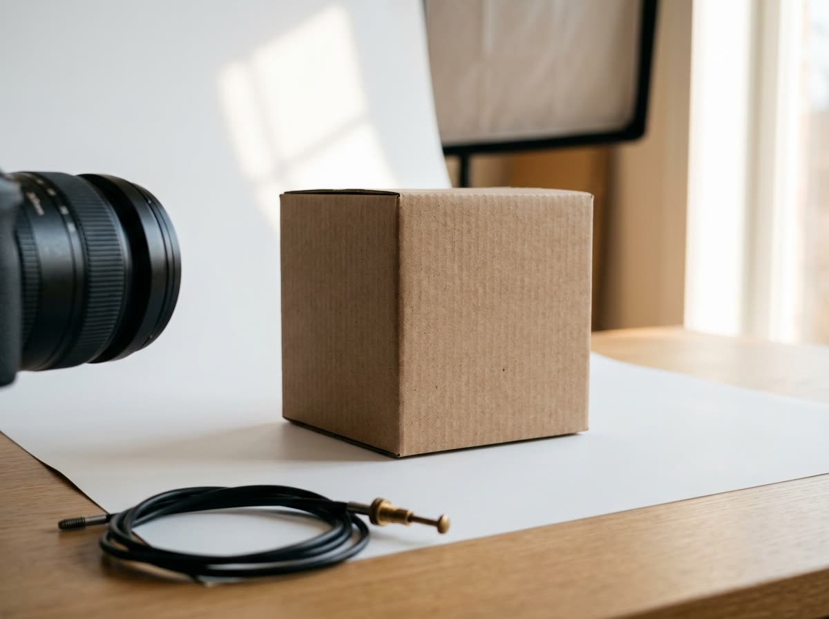 A plain unlabeled box on a white lightbox with a camera lens at the frame edge.