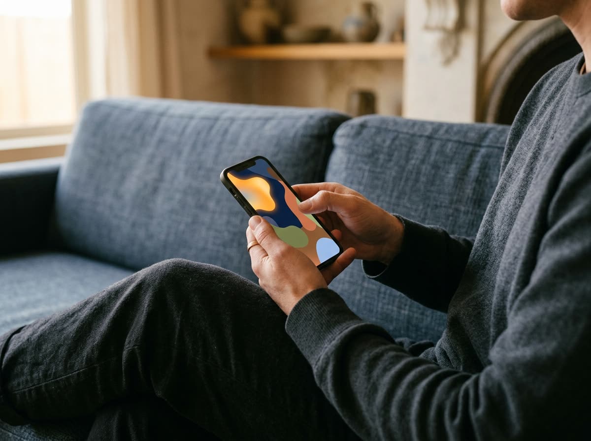 Hands holding a phone showing abstract colored shapes, person cropped below the face.